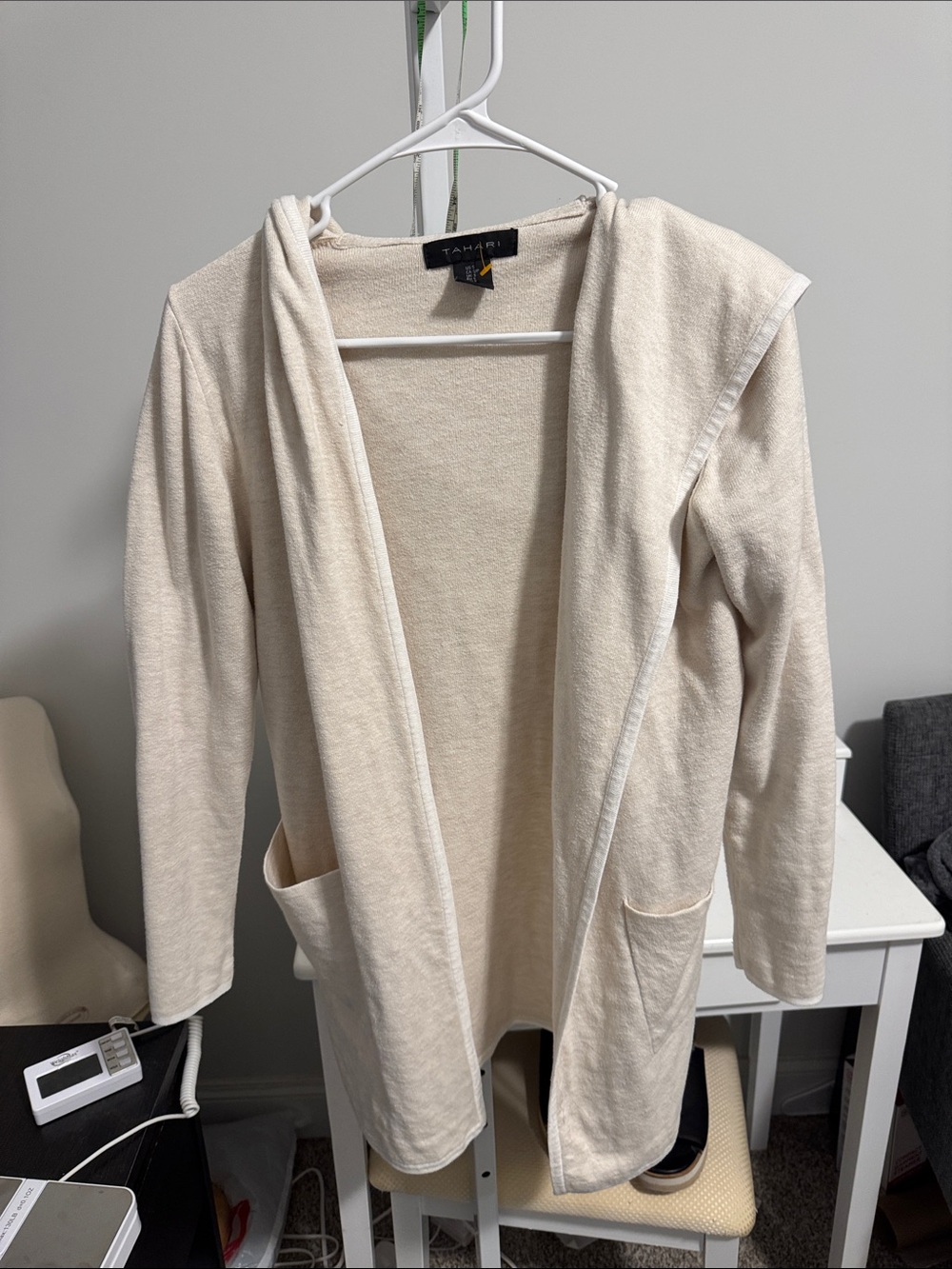 Tahari Cream Open-Front Hooded Cardigan